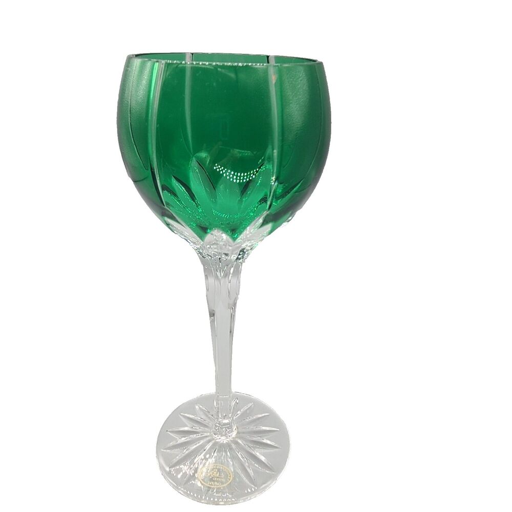 AJKA Castile Albinka Cut Crystal Emerald Green Wine Goblet Glass 8 1/4"